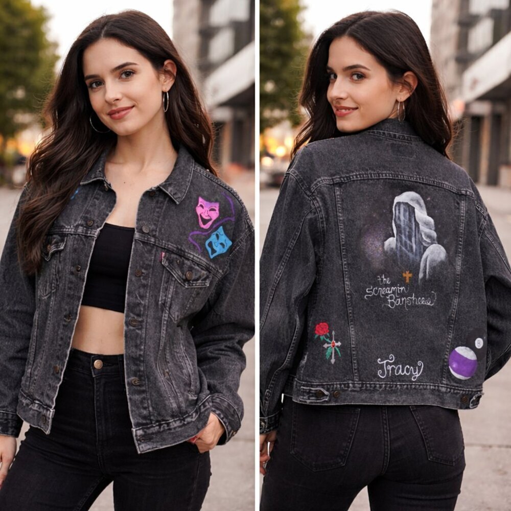 Levis Hand Painted Black Denim Jacket The Screaming Banshees Size L art to wear
